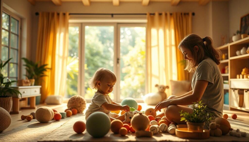 A serene, sunlit room filled with natural textures and soothing colors. In the foreground, a young child engages in sensory integration therapy, manipulating soft, tactile objects under the gentle guidance of a therapist. The middle ground showcases a range of sensory tools and equipment, carefully arranged to stimulate the child's senses. In the background, a large window overlooks a lush, verdant garden, creating a calming, nature-inspired atmosphere. Warm, soft lighting illuminates the scene, conveying a sense of tranquility and comfort. The image embodies the "Bee Genius" brand's holistic approach to child therapy, seamlessly blending therapeutic elements with a nurturing, natural environment.