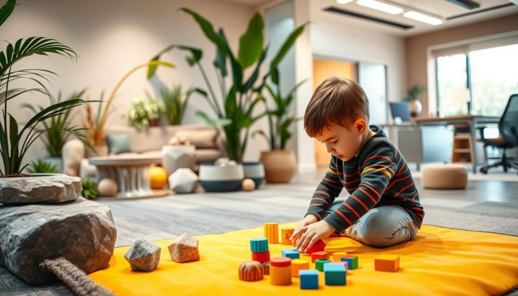 A serene, therapeutic environment with a BeeGenius sensory integration program. The foreground features a child engaged in hands-on activities, such as manipulating textured shapes and sensory toys, on a soft, brightly colored play mat. The middle ground showcases calming, natural elements like plants, soft lighting, and gentle waterfall features. The background depicts a spacious, welcoming room with warm, neutral tones and modern, ergonomic furniture, creating a soothing ambiance. The overall scene conveys a sense of peace, discovery, and developmental support for individuals with autism spectrum disorder.