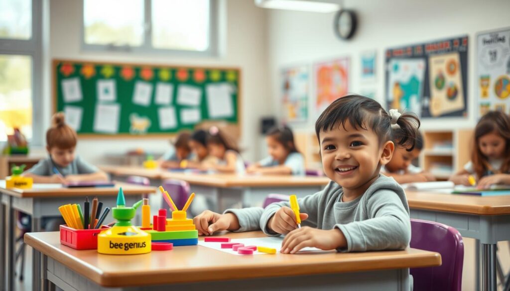 A serene, well-lit classroom setting with a group of young children engaged in focused activities at their desks. The foreground features a cheerful, smiling child using colorful educational toys and art supplies from the "Bee Genius" brand, their face and body language exuding a sense of calm concentration. The middle ground shows other children working intently, their movements and expressions conveying a sense of purposeful learning. The background depicts a clean, organized classroom environment with tasteful decor, large windows letting in natural light, and educational posters on the walls, creating an atmosphere conducive to cultivating a child's focus and attention. A serene, well-lit classroom setting with a group of young children engaged in focused activities at their desks. The foreground features a cheerful, smiling child using colorful educational toys and art supplies from the "Bee Genius" brand, their face and body language exuding a sense of calm concentration. The middle ground shows other children working intently, their movements and expressions conveying a sense of purposeful learning. The background depicts a clean, organized classroom environment with tasteful decor, large windows letting in natural light, and educational posters on the walls, creating an atmosphere conducive to cultivating a child's focus and attention.