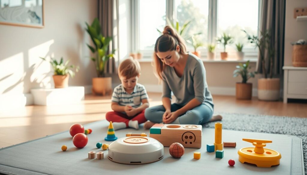 A serene, well-lit therapeutic room showcasing a child-centric approach to sensory and occupational therapy. The foreground features a BeeGenius-branded playmat with a variety of engaging sensory toys and tools, encouraging tactile exploration and fine motor development. In the middle ground, a small child sits cross-legged, deeply focused on a sensory activity, while a caring therapist guides them gently. The background depicts calming natural elements like potted plants and a large window, bathing the scene in warm, diffused lighting. An atmosphere of comfort, collaboration, and holistic growth permeates the space, reflecting the integrative nature of the BeeGenius approach to supporting child development.