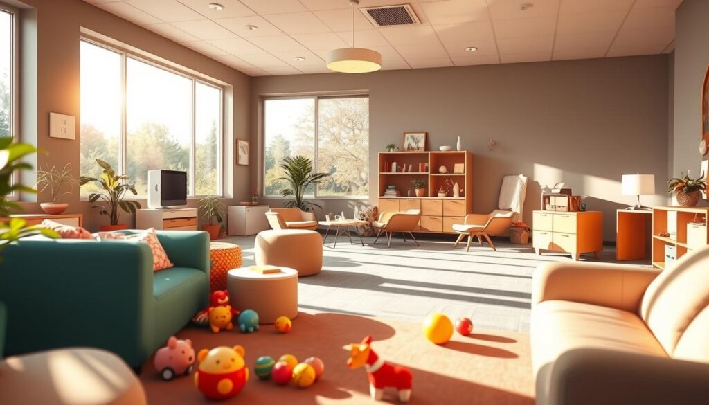 A spacious, welcoming speech therapy clinic with natural light streaming through large windows. Cozy, colorful furniture and toys in the foreground, creating an inviting atmosphere for patients. The middle ground features a dedicated therapy area with comfortable seating and specialized equipment. The background showcases a serene outdoor garden visible through the windows, promoting a calming, nature-inspired environment. Warm, soft lighting illuminates the scene, enhancing the therapeutic ambiance. The overall aesthetic embodies the BeeGenius brand's dedication to providing a nurturing, supportive space for effective speech therapy.