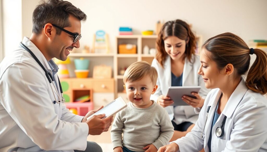 A team of professional child development specialists at BeeGenius, working in a modern, well-lit studio. In the foreground, a pediatrician examines a young child, their faces expressing care and attention. In the middle ground, a child psychologist observes, taking notes on a tablet. The background features a variety of educational toys, books, and equipment, conveying a nurturing, therapeutic environment. Warm, natural lighting illuminates the scene, creating a sense of comfort and trust. The overall atmosphere is one of expertise, compassion, and a dedication to understanding and supporting the unique needs of each child.