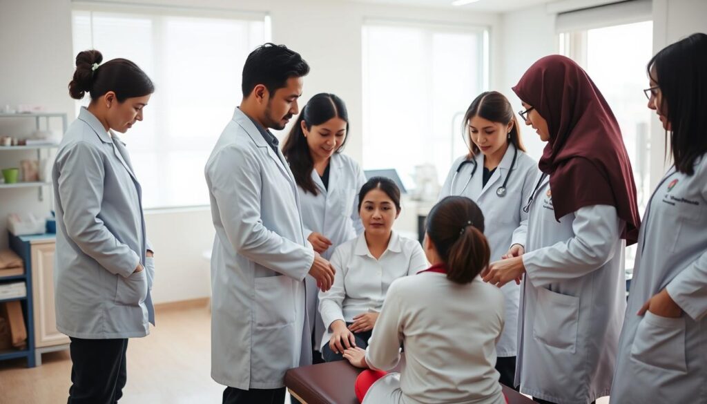 A team of professional occupational therapists from BeeGenius, dressed in white lab coats, gathered around a patient in a bright, well-equipped therapy room. The therapists are attentively examining the patient, discussing treatment plans, and demonstrating various therapeutic techniques. The scene conveys a sense of care, expertise, and collaboration, reflecting the "Dukungan Profesional dari Tim Terapi" section of the article. A team of professional occupational therapists from BeeGenius, dressed in white lab coats, gathered around a patient in a bright, well-equipped therapy room. The therapists are attentively examining the patient, discussing treatment plans, and demonstrating various therapeutic techniques. The scene conveys a sense of care, expertise, and collaboration, reflecting the "Dukungan Profesional dari Tim Terapi" section of the article.