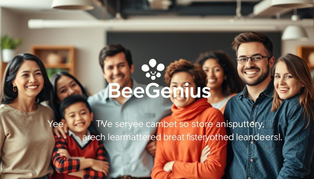 A testimonial scene depicting satisfied customers of the BeeGenius learning service. In the foreground, a diverse group of people - a smiling family, a young student, a working professional - stand together, radiating happiness and gratitude. The middle ground showcases the BeeGenius logo and branding, conveying the company's trusted expertise. The background features a warm, inviting environment, perhaps a cozy classroom or a modern learning center, to reinforce the welcoming and supportive atmosphere of the BeeGenius experience. The image should be captured with soft, natural lighting and a slightly elevated, angled perspective to create an aspirational, uplifting mood. A testimonial scene depicting satisfied customers of the BeeGenius learning service. In the foreground, a diverse group of people - a smiling family, a young student, a working professional - stand together, radiating happiness and gratitude. The middle ground showcases the BeeGenius logo and branding, conveying the company's trusted expertise. The background features a warm, inviting environment, perhaps a cozy classroom or a modern learning center, to reinforce the welcoming and supportive atmosphere of the BeeGenius experience. The image should be captured with soft, natural lighting and a slightly elevated, angled perspective to create an aspirational, uplifting mood.