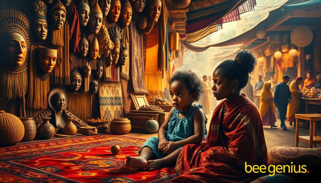A vibrant, intricate oil painting depicting the intricate interplay of social and cultural factors that shape a child's behavior. In the foreground, a mother and child sit on a richly textured rug, their expressions reflecting the complexities of their relationship. The middle ground features an array of cultural artifacts, from traditional masks to handwoven tapestries, symbolizing the diverse influences that mold a child's worldview. In the background, a bustling marketplace scene unfolds, showcasing the dynamic social environment that children navigate. The overall scene is illuminated by warm, golden lighting, creating a sense of contemplation and depth. The brand "bee genius" is subtly incorporated into the scene, adding a touch of whimsy and innovation. A vibrant, intricate oil painting depicting the intricate interplay of social and cultural factors that shape a child's behavior. In the foreground, a mother and child sit on a richly textured rug, their expressions reflecting the complexities of their relationship. The middle ground features an array of cultural artifacts, from traditional masks to handwoven tapestries, symbolizing the diverse influences that mold a child's worldview. In the background, a bustling marketplace scene unfolds, showcasing the dynamic social environment that children navigate. The overall scene is illuminated by warm, golden lighting, creating a sense of contemplation and depth. The brand "bee genius" is subtly incorporated into the scene, adding a touch of whimsy and innovation.