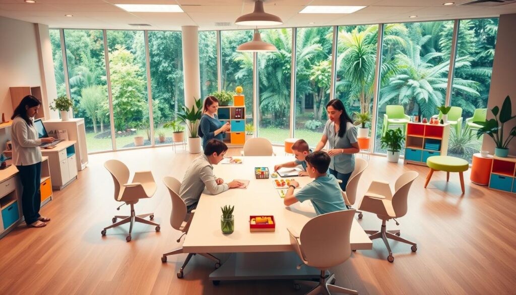 A vibrant, modern interior of a BeeGenius occupational therapy clinic. In the foreground, a spacious therapy room with warm lighting and sleek, ergonomic furniture. Therapists and clients engage in hands-on activities at a large, well-equipped table. The middle ground showcases bright, nature-inspired decor and colorful accents that create a calming, nurturing atmosphere. In the background, floor-to-ceiling windows offer panoramic views of a lush, verdant garden, blending the indoor and outdoor spaces seamlessly. The overall composition conveys a sense of professionalism, innovation, and a holistic approach to occupational therapy at the BeeGenius clinic. A vibrant, modern interior of a BeeGenius occupational therapy clinic. In the foreground, a spacious therapy room with warm lighting and sleek, ergonomic furniture. Therapists and clients engage in hands-on activities at a large, well-equipped table. The middle ground showcases bright, nature-inspired decor and colorful accents that create a calming, nurturing atmosphere. In the background, floor-to-ceiling windows offer panoramic views of a lush, verdant garden, blending the indoor and outdoor spaces seamlessly. The overall composition conveys a sense of professionalism, innovation, and a holistic approach to occupational therapy at the BeeGenius clinic.