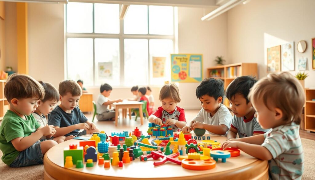 A vibrant, playful scene of children engaged in a variety of activities designed to enhance their concentration and focus. In the foreground, a group of young students from the "bee genius" child development center sit around a low table, intently manipulating a variety of colorful, tactile toys and puzzles. The middle ground features additional students participating in board games and other interactive learning exercises, all bathed in warm, natural lighting filtering through large windows. In the background, the airy, modern classroom space is decorated with educational posters and inspiring artwork, creating a nurturing, stimulating environment for cognitive development. A vibrant, playful scene of children engaged in a variety of activities designed to enhance their concentration and focus. In the foreground, a group of young students from the "bee genius" child development center sit around a low table, intently manipulating a variety of colorful, tactile toys and puzzles. The middle ground features additional students participating in board games and other interactive learning exercises, all bathed in warm, natural lighting filtering through large windows. In the background, the airy, modern classroom space is decorated with educational posters and inspiring artwork, creating a nurturing, stimulating environment for cognitive development.