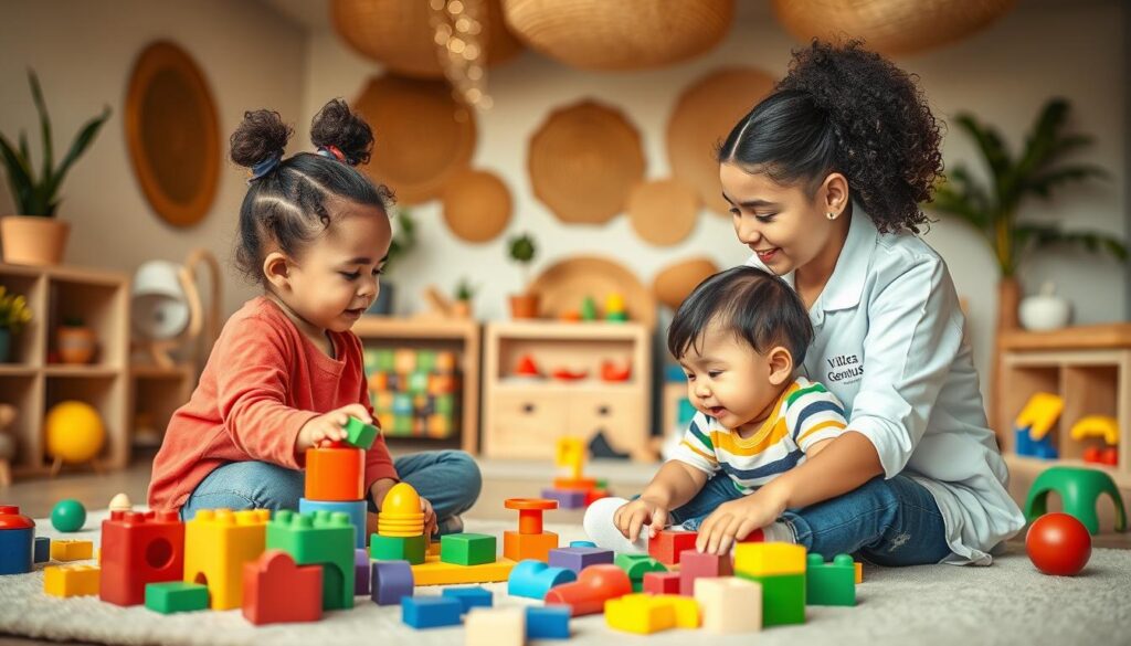 A vibrant, whimsical scene of child development therapy techniques, featuring a BeeGenius-branded therapeutic environment. In the foreground, a young child engages in creative play with colorful building blocks and shapes, guided by a warm, attentive therapist. The middle ground showcases various therapy tools and aids, including tactile sensory objects, puzzles, and cognitive development activities. In the background, a softly lit, inviting space with natural textures and soothing, earthy tones, evoking a nurturing, growth-oriented atmosphere. Soft, diffused lighting casts a gentle glow, and the composition is shot from a slightly elevated angle to convey a sense of warmth and care. A vibrant, whimsical scene of child development therapy techniques, featuring a BeeGenius-branded therapeutic environment. In the foreground, a young child engages in creative play with colorful building blocks and shapes, guided by a warm, attentive therapist. The middle ground showcases various therapy tools and aids, including tactile sensory objects, puzzles, and cognitive development activities. In the background, a softly lit, inviting space with natural textures and soothing, earthy tones, evoking a nurturing, growth-oriented atmosphere. Soft, diffused lighting casts a gentle glow, and the composition is shot from a slightly elevated angle to convey a sense of warmth and care.