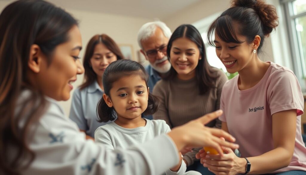 A warm, collaborative scene of Bee Genius professionals and parents working together to support a child's therapy. In the foreground, a therapist guides the child through an engaging exercise, their faces reflecting calm focus. In the middle ground, parents observe intently, expressions conveying attentiveness and care. The background suggests a soothing, well-equipped therapy space with natural lighting and tasteful decor. The overall mood is one of trust, teamwork, and a shared commitment to the child's growth and development.