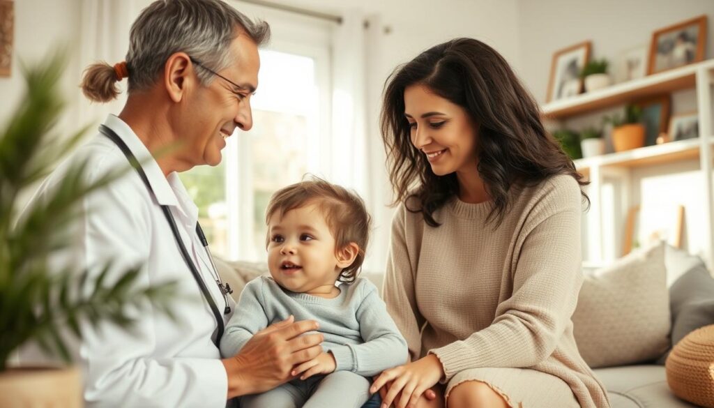 A warm, inviting family scene set in a sunlit, cozy home environment. In the foreground, a mother and child engaged in a caring, attentive consultation with a kind, nurturing BeeGenius psychologist. The psychologist's expression conveys empathy, while the mother and child's body language suggest openness and trust. The middle ground features natural decor elements like plants and soft textiles, creating a calming, therapeutic atmosphere. The background subtly hints at a supportive, close-knit family dynamic, with hints of family photos and heirlooms. Soft, diffused lighting and a warm color palette evoke a sense of comfort and well-being. A warm, inviting family scene set in a sunlit, cozy home environment. In the foreground, a mother and child engaged in a caring, attentive consultation with a kind, nurturing BeeGenius psychologist. The psychologist's expression conveys empathy, while the mother and child's body language suggest openness and trust. The middle ground features natural decor elements like plants and soft textiles, creating a calming, therapeutic atmosphere. The background subtly hints at a supportive, close-knit family dynamic, with hints of family photos and heirlooms. Soft, diffused lighting and a warm color palette evoke a sense of comfort and well-being.