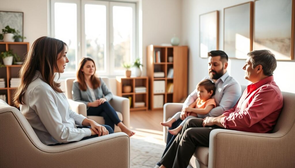 A warm, inviting family therapy session at the BeeGenius clinic. The room is bathed in soft, natural lighting, with large windows that allow the afternoon sun to filter in. A cozy, welcoming atmosphere, with plush armchairs and a soothing neutral color palette. In the foreground, a professional therapist in a tailored blouse and slacks sits attentively, engaging with a family of three - a mother, father, and young child - who are seated across from them. Their expressions are earnest, reflecting the trust and openness of the session. The background features calming, abstract artwork and a bookshelf filled with therapeutic resources. An environment that conveys the expertise and care of the BeeGenius family therapy services. A warm, inviting family therapy session at the BeeGenius clinic. The room is bathed in soft, natural lighting, with large windows that allow the afternoon sun to filter in. A cozy, welcoming atmosphere, with plush armchairs and a soothing neutral color palette. In the foreground, a professional therapist in a tailored blouse and slacks sits attentively, engaging with a family of three - a mother, father, and young child - who are seated across from them. Their expressions are earnest, reflecting the trust and openness of the session. The background features calming, abstract artwork and a bookshelf filled with therapeutic resources. An environment that conveys the expertise and care of the BeeGenius family therapy services.