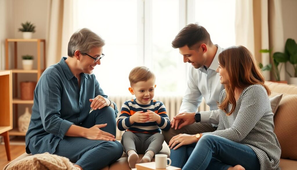 A warm, inviting family therapy session in a cozy, well-lit room. A mother and father sit attentively, engaged with their child, a young boy diagnosed with autism, guided by a BeeGenius therapist. Soft, natural lighting fills the space, creating a calming atmosphere. The therapist, dressed professionally, uses gentle gestures and a reassuring demeanor to facilitate the session, encouraging the family's active participation. The boy, surrounded by his supportive parents, appears comfortable and responsive, interacting with the therapist's activities. The composition emphasizes the collaborative nature of the process, highlighting the family's involvement in the child's therapeutic journey.