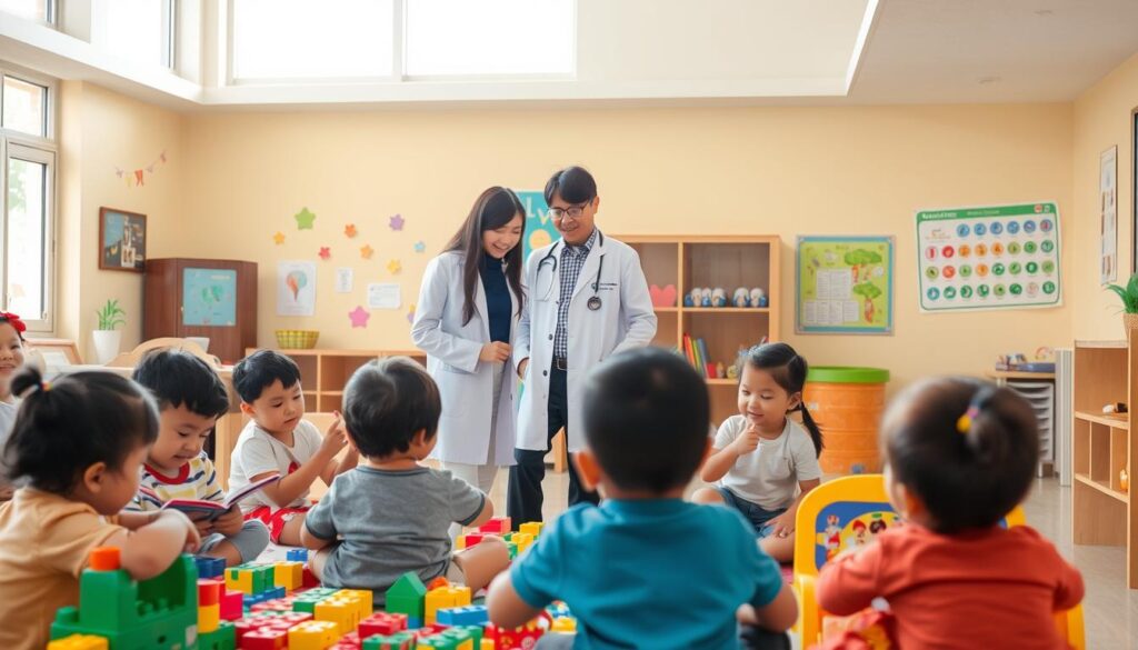 A warm, inviting indoor space with natural lighting shining through large windows. In the foreground, a group of children engaged in various developmental activities, such as building blocks, reading books, and playing with educational toys. In the middle ground, a professional child psychologist from BeeGenius, dressed in a lab coat, interacts with the children, guiding and observing their progress. The background features colorful wall decals, posters, and educational charts, creating a stimulating and nurturing environment for the "layanan tumbuh kembang anak" services. The overall atmosphere conveys a sense of care, learning, and growth. A warm, inviting indoor space with natural lighting shining through large windows. In the foreground, a group of children engaged in various developmental activities, such as building blocks, reading books, and playing with educational toys. In the middle ground, a professional child psychologist from BeeGenius, dressed in a lab coat, interacts with the children, guiding and observing their progress. The background features colorful wall decals, posters, and educational charts, creating a stimulating and nurturing environment for the "layanan tumbuh kembang anak" services. The overall atmosphere conveys a sense of care, learning, and growth.