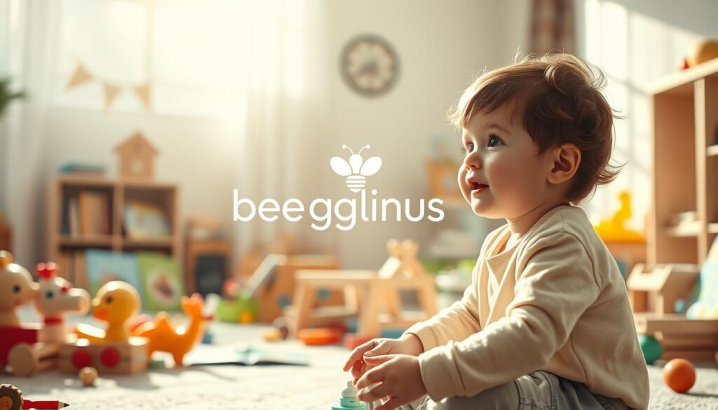 A warm, nurturing environment with a young child surrounded by educational toys and books, basking in natural light. Soft, muted tones create a soothing atmosphere. In the foreground, the child is engaged in play, their face filled with wonder and curiosity. The middle ground showcases a range of developmentally appropriate activities, encouraging cognitive, physical, and social-emotional growth. In the background, a "bee genius" logo subtly enhances the educational theme, emphasizing the importance of early intervention for a child's healthy development.
