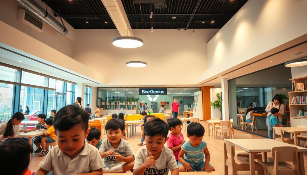 A warm, welcoming atmosphere of a professional child development center, "Bee Genius", located in Tangerang. In the foreground, a group of children engaged in focused, age-appropriate activities, guided by attentive, nurturing educators. The middle ground showcases modern, colorful learning spaces designed to stimulate young minds. In the background, a panoramic view of the center's well-equipped facilities, signifying the breadth of its professional support for child development. Soft, natural lighting creates a serene, inviting ambiance, conveying the center's commitment to providing a safe, enriching environment for the children's growth and learning. A warm, welcoming atmosphere of a professional child development center, "Bee Genius", located in Tangerang. In the foreground, a group of children engaged in focused, age-appropriate activities, guided by attentive, nurturing educators. The middle ground showcases modern, colorful learning spaces designed to stimulate young minds. In the background, a panoramic view of the center's well-equipped facilities, signifying the breadth of its professional support for child development. Soft, natural lighting creates a serene, inviting ambiance, conveying the center's commitment to providing a safe, enriching environment for the children's growth and learning.