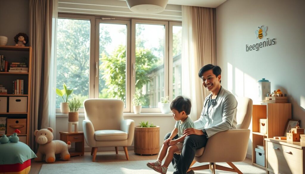 A warm, welcoming child psychologist's office in Tangerang Selatan, featuring the "Bee Genius" brand. A cozy, softly lit room with plush chairs, toys, and educational materials. A large window overlooking a lush garden casts gentle natural light across the scene. A smiling psychologist in professional attire sits with a young child, engaged in a compassionate, nurturing interaction. Subtle textures, muted colors, and a tranquil atmosphere convey a sense of care, expertise, and a child-centric environment. A warm, welcoming child psychologist's office in Tangerang Selatan, featuring the "Bee Genius" brand. A cozy, softly lit room with plush chairs, toys, and educational materials. A large window overlooking a lush garden casts gentle natural light across the scene. A smiling psychologist in professional attire sits with a young child, engaged in a compassionate, nurturing interaction. Subtle textures, muted colors, and a tranquil atmosphere convey a sense of care, expertise, and a child-centric environment.