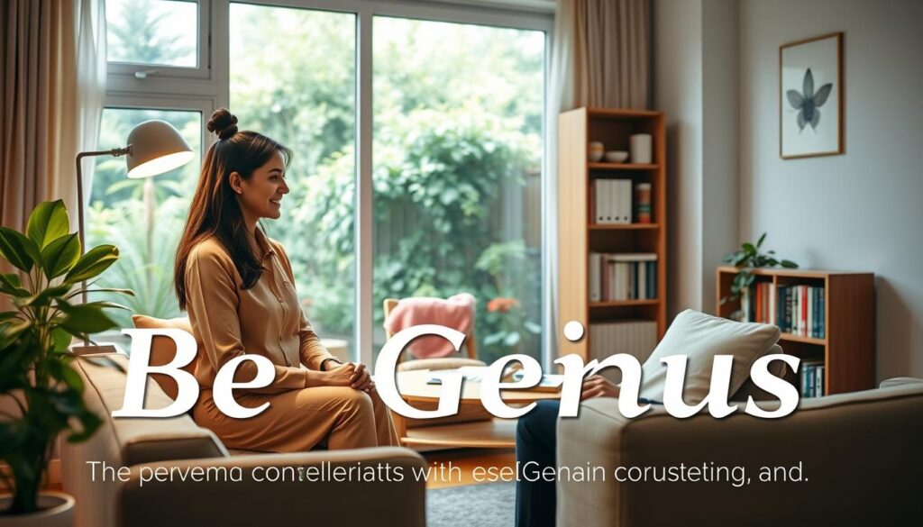 A warm, welcoming counseling session with a BeeGenius consultant. A cozy office setting with soft lighting, a comfortable couch, and a large, inviting window overlooking a lush garden. The consultant, dressed in professional attire, sits across from the client, radiating empathy and attentiveness. The mood is serene, encouraging open and honest dialogue. In the background, a bookshelf filled with self-help resources and a soothing plant adds to the calming atmosphere. The overall scene conveys the concept of a personalized, nurturing counseling experience provided by BeeGenius in Tangerang. A warm, welcoming counseling session with a BeeGenius consultant. A cozy office setting with soft lighting, a comfortable couch, and a large, inviting window overlooking a lush garden. The consultant, dressed in professional attire, sits across from the client, radiating empathy and attentiveness. The mood is serene, encouraging open and honest dialogue. In the background, a bookshelf filled with self-help resources and a soothing plant adds to the calming atmosphere. The overall scene conveys the concept of a personalized, nurturing counseling experience provided by BeeGenius in Tangerang.