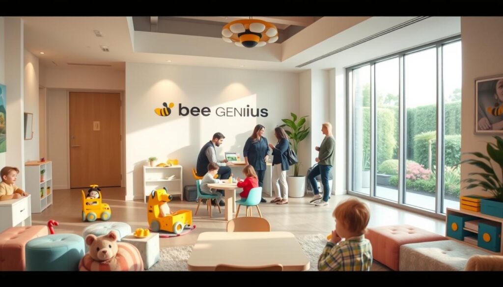 A warm, welcoming psychology clinic for children, with the Bee Genius logo prominently displayed. Soft lighting illuminates a spacious, modern interior with soothing pastel walls, plush seating, and educational toys scattered throughout. In the foreground, a child-sized table and chairs invite young clients to engage in playful, therapeutic activities. Midground, a team of caring psychologists in professional attire consult with parents, while the background showcases a tranquil outdoor garden visible through large windows, creating a calming, nurturing atmosphere. The overall mood is one of safety, comfort, and specialized care tailored to the needs of developing young minds. A warm, welcoming psychology clinic for children, with the Bee Genius logo prominently displayed. Soft lighting illuminates a spacious, modern interior with soothing pastel walls, plush seating, and educational toys scattered throughout. In the foreground, a child-sized table and chairs invite young clients to engage in playful, therapeutic activities. Midground, a team of caring psychologists in professional attire consult with parents, while the background showcases a tranquil outdoor garden visible through large windows, creating a calming, nurturing atmosphere. The overall mood is one of safety, comfort, and specialized care tailored to the needs of developing young minds.