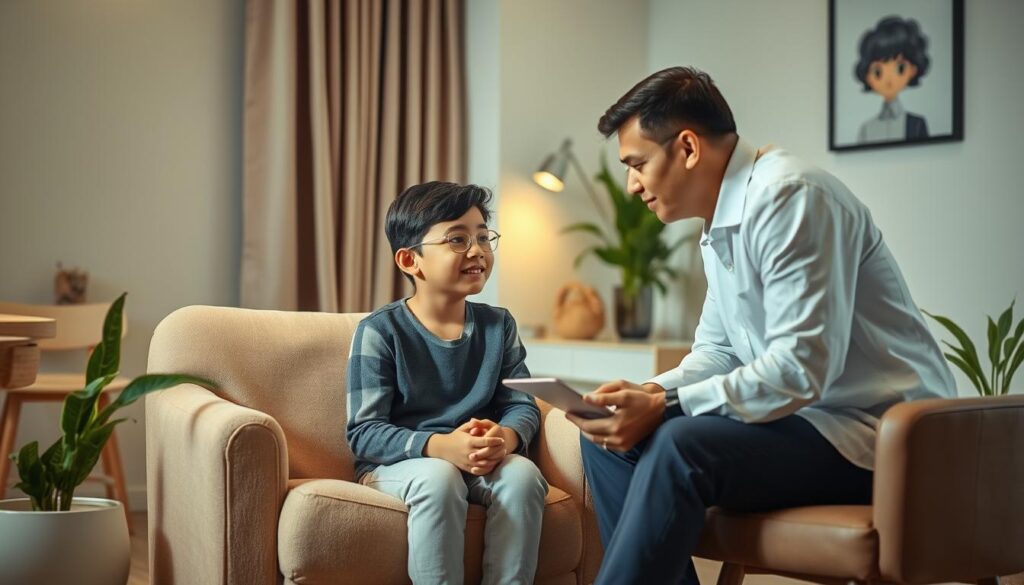 A warm, well-lit counseling session with a child psychologist at the BeeGenius clinic in Tangerang. A teenage patient sits comfortably on a plush armchair, engaged in a thoughtful discussion with their caring therapist. The room is filled with soothing neutral tones, soft lighting, and calming decor elements that create an atmosphere of safety and trust. The psychologist leans in, their expression empathetic, as they guide the adolescent through their emotional journey with expertise and compassion. The scene conveys the highest quality of psychological care available at the BeeGenius clinic. A warm, well-lit counseling session with a child psychologist at the BeeGenius clinic in Tangerang. A teenage patient sits comfortably on a plush armchair, engaged in a thoughtful discussion with their caring therapist. The room is filled with soothing neutral tones, soft lighting, and calming decor elements that create an atmosphere of safety and trust. The psychologist leans in, their expression empathetic, as they guide the adolescent through their emotional journey with expertise and compassion. The scene conveys the highest quality of psychological care available at the BeeGenius clinic.