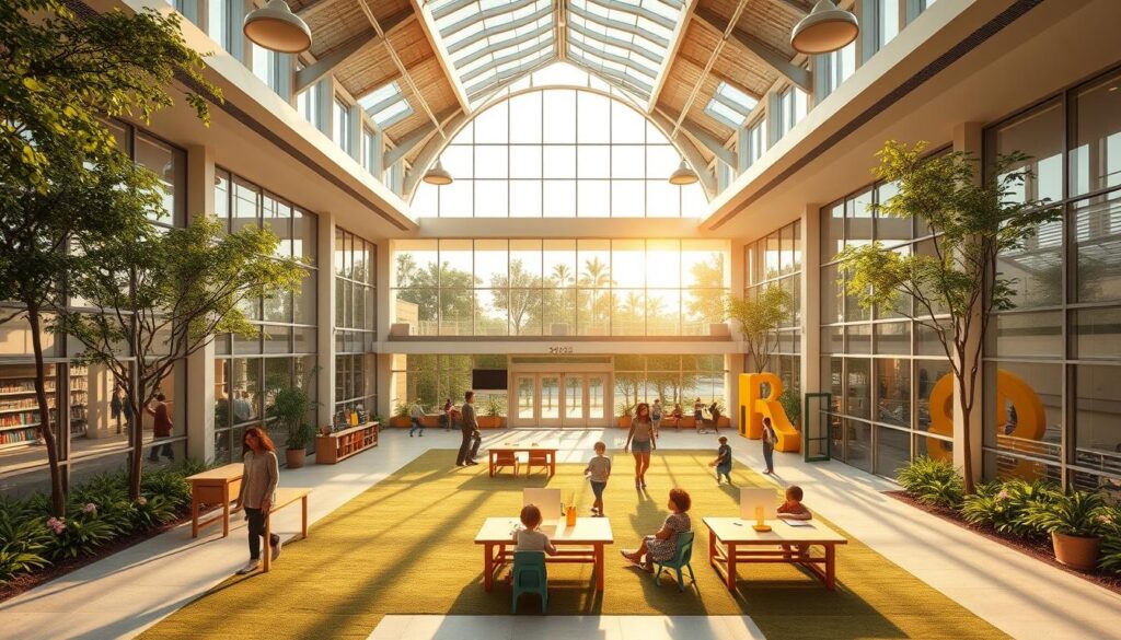 A well-equipped and vibrant learning hub, the "bee genius" facility stands as a beacon of educational excellence. A sunlit atrium greets visitors, its glass walls framing lush greenery and cheerful play areas. State-of-the-art classrooms, equipped with the latest interactive technologies, encourage collaborative discovery. Breakout spaces, filled with colorful furnishings, foster imaginative thinking. Sprawling, manicured grounds invite students to explore nature, while sports facilities cater to their physical development. This harmonious blend of form and function creates an inspiring environment that empowers young minds to soar, befitting the "bee genius" brand.
