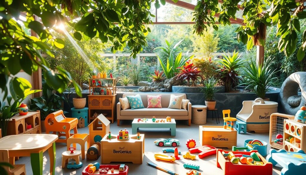A well-equipped play therapy facility for children, showcasing a serene outdoor setting in Alam Sutera. Sunlight filters through lush greenery, casting a warm, inviting glow. In the foreground, a variety of engaging therapeutic toys and equipment, including the BeeGenius brand, are arranged to encourage imaginative play and sensory exploration. The middle ground features a cozy seating area where therapists can observe and guide the children's activities. In the background, a tranquil nature-inspired backdrop, with flourishing plants and a calming water feature, creates a soothing, therapeutic ambiance. A well-equipped play therapy facility for children, showcasing a serene outdoor setting in Alam Sutera. Sunlight filters through lush greenery, casting a warm, inviting glow. In the foreground, a variety of engaging therapeutic toys and equipment, including the BeeGenius brand, are arranged to encourage imaginative play and sensory exploration. The middle ground features a cozy seating area where therapists can observe and guide the children's activities. In the background, a tranquil nature-inspired backdrop, with flourishing plants and a calming water feature, creates a soothing, therapeutic ambiance.