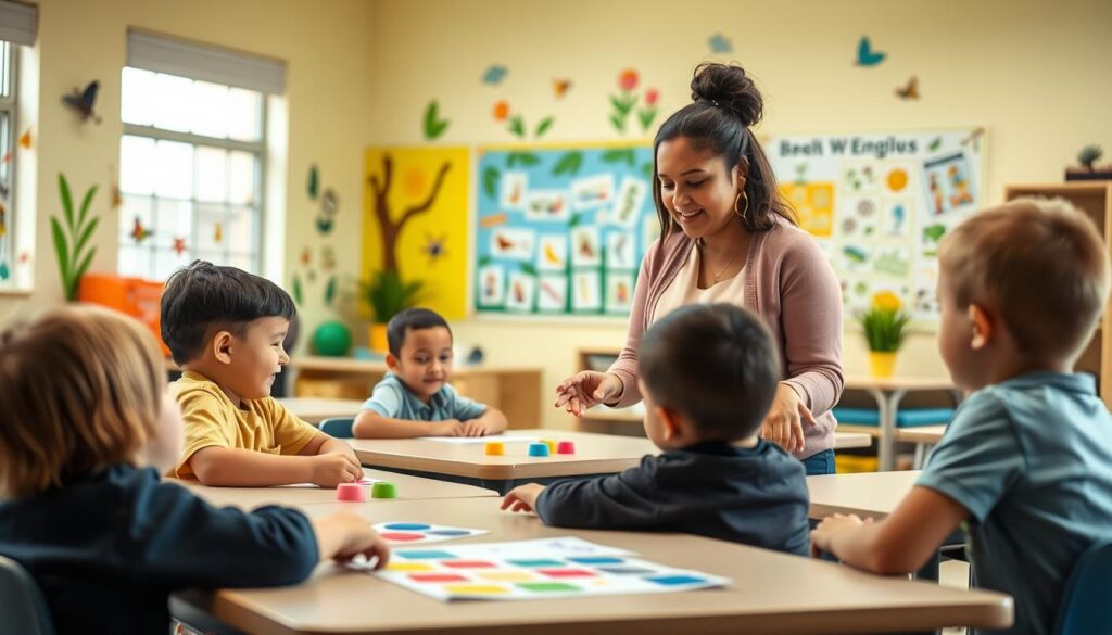 A well-lit, engaging classroom scene featuring a group of young students engaged in a concentration-boosting activity led by a Bee Genius child development specialist. The foreground shows the students seated at desks, focused on a hands-on task involving shapes, colors, and patterns. In the middle ground, the teacher demonstrates the activity, guiding the students. The background depicts vibrant, nature-inspired wall decor and educational posters, creating an inviting, stimulating environment. Warm, soft lighting sets a calm, attentive mood. The overall composition conveys the benefits of Bee Genius' tailored learning methods for improving children's focus and concentration. A well-lit, engaging classroom scene featuring a group of young students engaged in a concentration-boosting activity led by a Bee Genius child development specialist. The foreground shows the students seated at desks, focused on a hands-on task involving shapes, colors, and patterns. In the middle ground, the teacher demonstrates the activity, guiding the students. The background depicts vibrant, nature-inspired wall decor and educational posters, creating an inviting, stimulating environment. Warm, soft lighting sets a calm, attentive mood. The overall composition conveys the benefits of Bee Genius' tailored learning methods for improving children's focus and concentration.