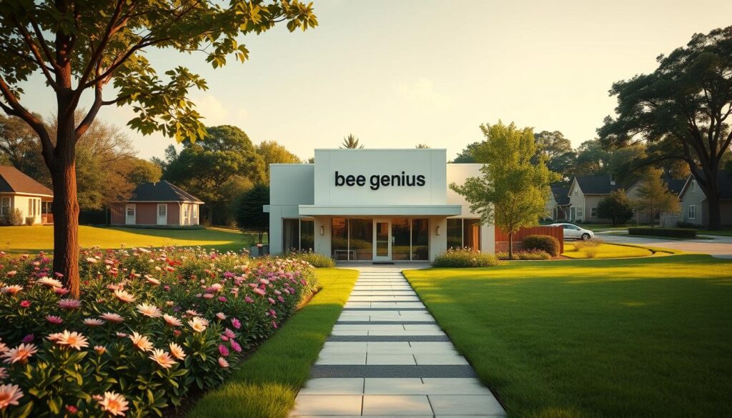 A well-lit, high-resolution image of the exterior of the "Bee Genius" learning center, situated in a lush, green landscape. The building features a modern, minimalist design with large windows and a prominent entrance. The foreground showcases a vibrant, well-maintained garden with blooming flowers and a paved walkway leading to the main entrance. The middle ground depicts the main two-story structure with its distinct "bee genius" branding prominently displayed. The background features a tranquil, suburban neighborhood with trees and other buildings in the distance, conveying a sense of calm and serenity. The overall scene exudes a welcoming and educational atmosphere. A well-lit, high-resolution image of the exterior of the "Bee Genius" learning center, situated in a lush, green landscape. The building features a modern, minimalist design with large windows and a prominent entrance. The foreground showcases a vibrant, well-maintained garden with blooming flowers and a paved walkway leading to the main entrance. The middle ground depicts the main two-story structure with its distinct "bee genius" branding prominently displayed. The background features a tranquil, suburban neighborhood with trees and other buildings in the distance, conveying a sense of calm and serenity. The overall scene exudes a welcoming and educational atmosphere.