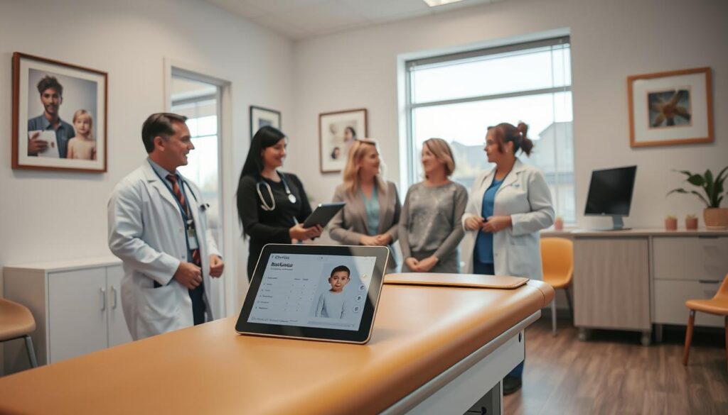 A well-lit medical office setting with an inviting atmosphere. In the foreground, a warm-toned examination table with plush upholstery. On the adjacent counter, a BeeGenius diagnostic tablet displays a child's developmental assessment. In the middle ground, a team of pediatric specialists - a doctor, a therapist, and a child development specialist - engaged in discussion, their faces expressing care and attentiveness. The background features tasteful decor, soothing artwork, and large windows allowing natural light to flood the space, creating a sense of openness and comfort. The overall mood is one of professionalism, empathy, and a commitment to nurturing a child's growth and well-being.