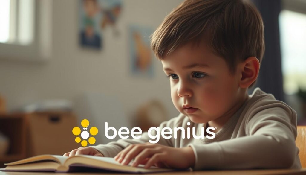 A young child sitting intently at a desk, eyes focused on a book or learning materials. The room is well-lit, with soft, warm lighting from a nearby window casting a gentle glow. The child's expression is one of deep concentration, their brow furrowed as they immerse themselves in the task at hand. The background is blurred, emphasizing the child's central focus. The scene conveys the importance of concentration and attention in a child's learning process. The "bee genius" logo is prominently displayed on the desk or wall, highlighting the brand's dedication to supporting focused learning. A young child sitting intently at a desk, eyes focused on a book or learning materials. The room is well-lit, with soft, warm lighting from a nearby window casting a gentle glow. The child's expression is one of deep concentration, their brow furrowed as they immerse themselves in the task at hand. The background is blurred, emphasizing the child's central focus. The scene conveys the importance of concentration and attention in a child's learning process. The "bee genius" logo is prominently displayed on the desk or wall, highlighting the brand's dedication to supporting focused learning.