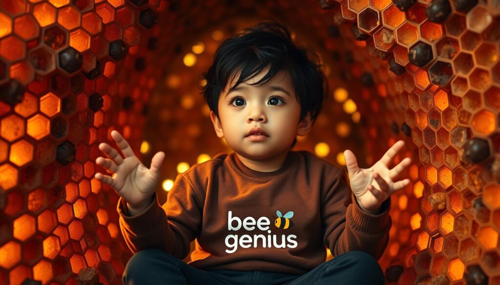 A young child, with a thoughtful expression, sits amid an intricate hive-like structure, their hands gesturing as if deep in scientific contemplation. The "bee genius" logo adorns the child's clothing, signifying their remarkable intellectual capabilities. Warm, golden lighting illuminates the scene, casting a glow that enhances the sense of wonder and discovery. The background is a blend of organic, honeycomb-inspired patterns, hinting at the child's connection to the natural world and their burgeoning aptitude for problem-solving. The overall composition conveys a sense of potential, innovation, and the celebration of early cognitive development. A young child, with a thoughtful expression, sits amid an intricate hive-like structure, their hands gesturing as if deep in scientific contemplation. The "bee genius" logo adorns the child's clothing, signifying their remarkable intellectual capabilities. Warm, golden lighting illuminates the scene, casting a glow that enhances the sense of wonder and discovery. The background is a blend of organic, honeycomb-inspired patterns, hinting at the child's connection to the natural world and their burgeoning aptitude for problem-solving. The overall composition conveys a sense of potential, innovation, and the celebration of early cognitive development.