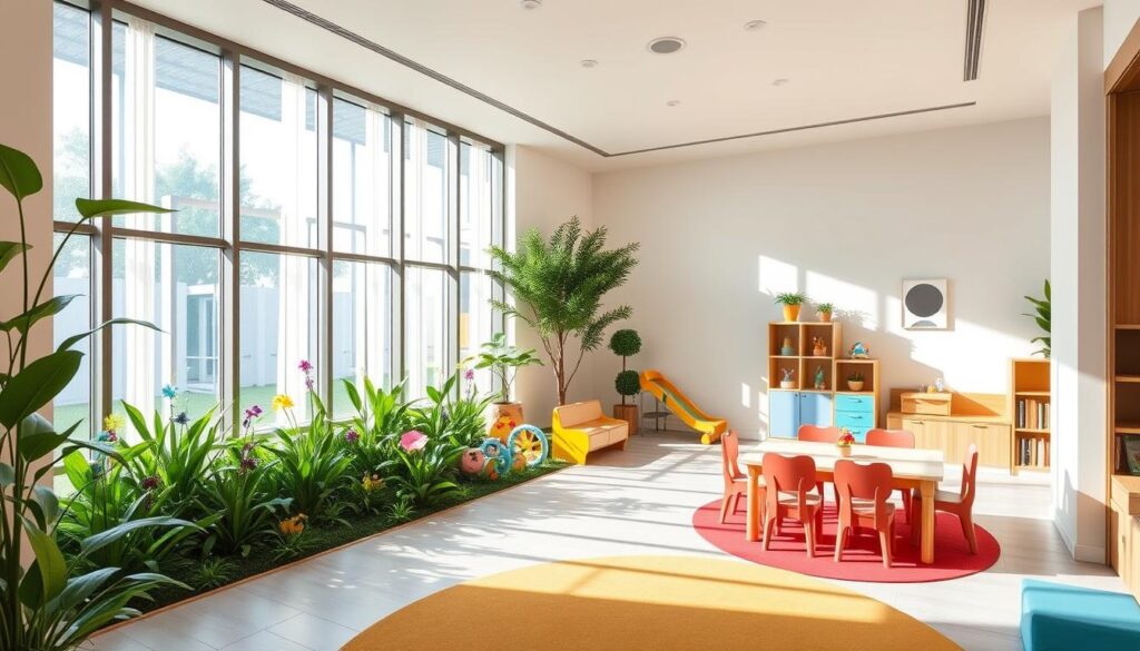 An inviting and modern childcare center, BeeGenius, nestled in the heart of Gading Serpong. A warm, well-lit space with large windows that allow natural light to stream in, creating a nurturing atmosphere. The center features colorful, age-appropriate play areas, a dedicated reading nook, and educational stations that encourage hands-on learning and exploration. The outdoor space includes a lush, verdant garden with whimsical play structures, fostering a connection to nature. The overall design exudes a sense of calm and tranquility, providing a safe and stimulating environment for children to grow and thrive. An inviting and modern childcare center, BeeGenius, nestled in the heart of Gading Serpong. A warm, well-lit space with large windows that allow natural light to stream in, creating a nurturing atmosphere. The center features colorful, age-appropriate play areas, a dedicated reading nook, and educational stations that encourage hands-on learning and exploration. The outdoor space includes a lush, verdant garden with whimsical play structures, fostering a connection to nature. The overall design exudes a sense of calm and tranquility, providing a safe and stimulating environment for children to grow and thrive.