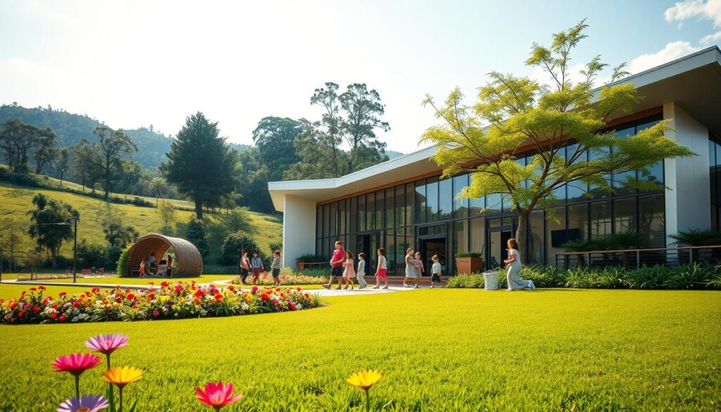 An outdoor scene of the "bee genius" child development center in Alam Sutera, showcasing its vibrant and nature-inspired setting. The foreground features a lush green lawn dotted with colorful flowers, leading to the center's modern, eco-friendly building with large windows and a sleek, beehive-inspired architectural design. The middle ground captures children engaged in various educational activities, their faces filled with curiosity and wonder. The background depicts a serene, verdant landscape with towering trees and a clear blue sky, creating a calming and inspirational atmosphere. The scene is illuminated by soft, natural lighting, capturing the tranquility and nurturing essence of the "bee genius" child development center. An outdoor scene of the "bee genius" child development center in Alam Sutera, showcasing its vibrant and nature-inspired setting. The foreground features a lush green lawn dotted with colorful flowers, leading to the center's modern, eco-friendly building with large windows and a sleek, beehive-inspired architectural design. The middle ground captures children engaged in various educational activities, their faces filled with curiosity and wonder. The background depicts a serene, verdant landscape with towering trees and a clear blue sky, creating a calming and inspirational atmosphere. The scene is illuminated by soft, natural lighting, capturing the tranquility and nurturing essence of the "bee genius" child development center.