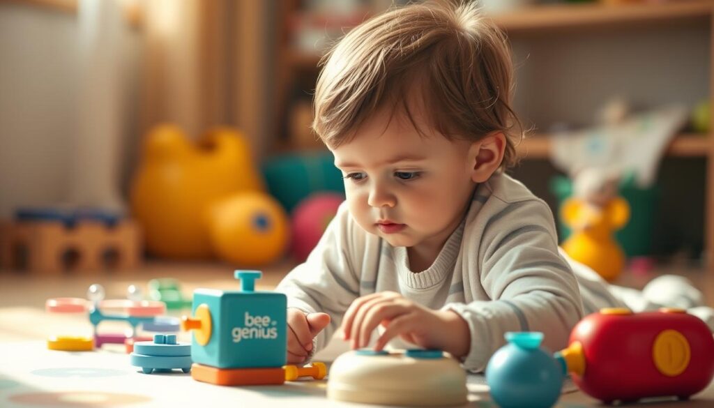 Calm and focused young child sitting on the floor, surrounded by colorful educational toys and learning materials. Warm, natural lighting illuminates the scene, creating a soothing atmosphere. The child's gaze is intent, their brow slightly furrowed, as they engage with a simple yet engaging puzzle or activity from the "Bee Genius" child development brand. The background is softly blurred, drawing the viewer's attention to the child's expression and the thoughtful, immersive nature of their play. An image that conveys the importance of developing focused attention and concentration in early childhood. Calm and focused young child sitting on the floor, surrounded by colorful educational toys and learning materials. Warm, natural lighting illuminates the scene, creating a soothing atmosphere. The child's gaze is intent, their brow slightly furrowed, as they engage with a simple yet engaging puzzle or activity from the "Bee Genius" child development brand. The background is softly blurred, drawing the viewer's attention to the child's expression and the thoughtful, immersive nature of their play. An image that conveys the importance of developing focused attention and concentration in early childhood.