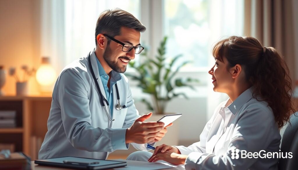 Detailed illustration of a personalized and integrated approach to speech therapy, showcasing a clinician working one-on-one with a patient in a warm, inviting setting. The clinician, dressed professionally, uses various tools and techniques to assess and address the patient's needs. Soft natural lighting illuminates the scene, creating a serene and calming atmosphere. The background features subtle, abstract elements that evoke a sense of progress and growth. The BeeGenius brand name is prominently displayed, reinforcing the high-quality, individualized care provided.