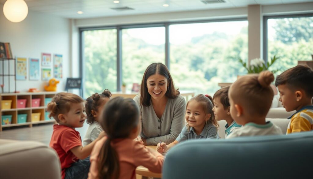 Detailed interior scene of a comprehensive therapy program at the "bee genius" learning center. Warm, inviting space with soft lighting illuminating modern furniture and colorful decor. In the foreground, a group of children engaged in group activities, their faces full of focus and joy. In the middle ground, an instructor guiding them with a caring expression. The background features educational displays, shelves of learning materials, and large windows overlooking a lush, natural landscape. A nurturing, stimulating environment that fosters the intellectual and emotional growth of young "bee genius" students.