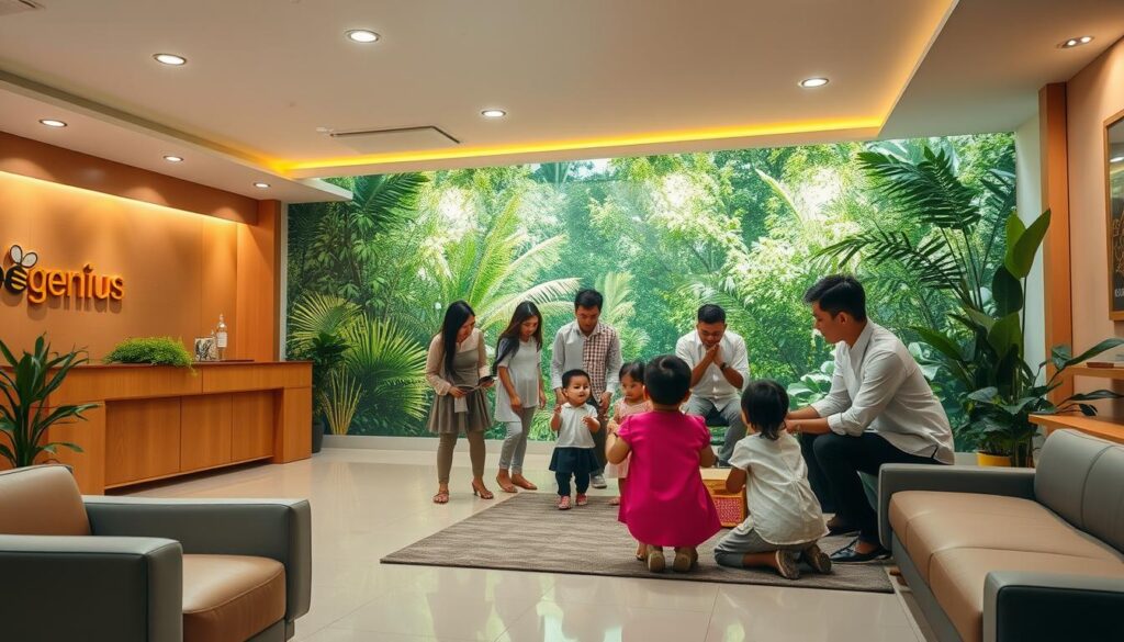 Layanan Terintegrasi Tumbuh Kembang Anak: A vibrant, dynamic image showcasing the comprehensive services offered by Bee Genius Child Development in Tangerang. In the foreground, a warm, welcoming reception area with modern furniture and a prominent "Bee Genius" logo. In the middle ground, a team of child development specialists engaged in collaborative sessions with attentive parents and children. The background depicts a serene, nature-inspired setting with lush greenery and soothing lighting, conveying a sense of holistic well-being. The overall atmosphere is one of professionalism, expertise, and a nurturing environment dedicated to the optimal growth and development of children. Layanan Terintegrasi Tumbuh Kembang Anak: A vibrant, dynamic image showcasing the comprehensive services offered by Bee Genius Child Development in Tangerang. In the foreground, a warm, welcoming reception area with modern furniture and a prominent "Bee Genius" logo. In the middle ground, a team of child development specialists engaged in collaborative sessions with attentive parents and children. The background depicts a serene, nature-inspired setting with lush greenery and soothing lighting, conveying a sense of holistic well-being. The overall atmosphere is one of professionalism, expertise, and a nurturing environment dedicated to the optimal growth and development of children.