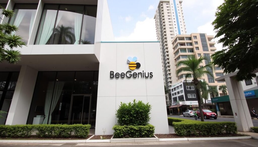 Lokasi BeeGenius, a modern and inviting workspace nestled in the heart of Alam Sutera. The exterior features a sleek, minimalist facade with large windows that allow natural light to flood the interior. The front entrance is adorned with a neatly trimmed hedge and a small, well-maintained garden. The middle ground showcases the BeeGenius logo prominently displayed on the building, while the background depicts the bustling Alam Sutera neighborhood, with a mix of residential and commercial buildings. The image is captured with a wide-angle lens, creating a sense of depth and emphasizing the building's integration within the local community. The overall mood is one of professionalism, accessibility, and a welcoming environment for those seeking the services of BeeGenius. Lokasi BeeGenius, a modern and inviting workspace nestled in the heart of Alam Sutera. The exterior features a sleek, minimalist facade with large windows that allow natural light to flood the interior. The front entrance is adorned with a neatly trimmed hedge and a small, well-maintained garden. The middle ground showcases the BeeGenius logo prominently displayed on the building, while the background depicts the bustling Alam Sutera neighborhood, with a mix of residential and commercial buildings. The image is captured with a wide-angle lens, creating a sense of depth and emphasizing the building's integration within the local community. The overall mood is one of professionalism, accessibility, and a welcoming environment for those seeking the services of BeeGenius.
