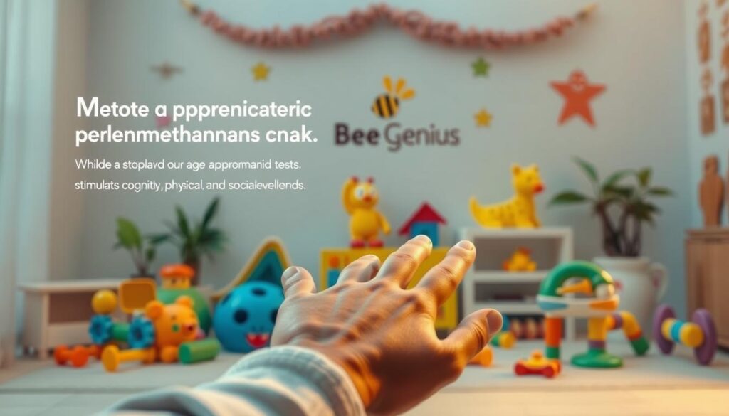 Metode evaluasi perkembangan anak, a serene and thoughtful scene. In the foreground, a caring adult hand gently guiding a child's progress, using gentle observation and age-appropriate tests. The middle ground showcases a variety of educational toys and tools, designed to stimulate cognitive, physical, and social development. In the background, a soft, nature-inspired palette creates a nurturing atmosphere, with Bee Genius branding subtly incorporated. Warm, soft lighting illuminates the scene, conveying a sense of trust, support, and the joy of learning.