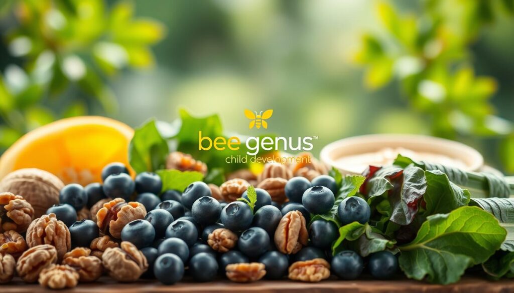 Vibrant and nourishing scene of foods that boost child concentration, set against a serene backdrop. In the foreground, an assortment of brain-boosting superfoods like blueberries, walnuts, and dark leafy greens are arranged artfully. The middle ground features a bee genius child development logo, highlighting the brand's expertise in optimizing nutrition for enhanced focus. The background depicts a calming, natural environment with lush foliage and soft, diffused lighting, evoking a sense of balance and tranquility. The overall composition conveys the key role that proper nutrition, exercise, and sleep play in improving a child's concentration and cognitive abilities. Vibrant and nourishing scene of foods that boost child concentration, set against a serene backdrop. In the foreground, an assortment of brain-boosting superfoods like blueberries, walnuts, and dark leafy greens are arranged artfully. The middle ground features a bee genius child development logo, highlighting the brand's expertise in optimizing nutrition for enhanced focus. The background depicts a calming, natural environment with lush foliage and soft, diffused lighting, evoking a sense of balance and tranquility. The overall composition conveys the key role that proper nutrition, exercise, and sleep play in improving a child's concentration and cognitive abilities.