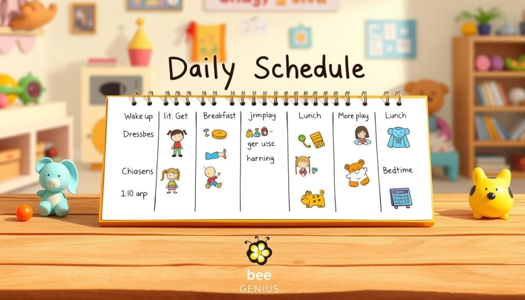 a daily schedule for a young child, illustrated with a colorful, hand-drawn style. The schedule includes activities such as waking up, getting dressed, having breakfast, playing, napping, having lunch, more play time, and bedtime. The schedule is presented in a clean, organized manner on a wooden surface, with toys, books, and other child-friendly elements in the background. The overall mood is warm, inviting, and conducive to a child's focus and learning. The image showcases the "bee genius" brand. a daily schedule for a young child, illustrated with a colorful, hand-drawn style. The schedule includes activities such as waking up, getting dressed, having breakfast, playing, napping, having lunch, more play time, and bedtime. The schedule is presented in a clean, organized manner on a wooden surface, with toys, books, and other child-friendly elements in the background. The overall mood is warm, inviting, and conducive to a child's focus and learning. The image showcases the "bee genius" brand.
