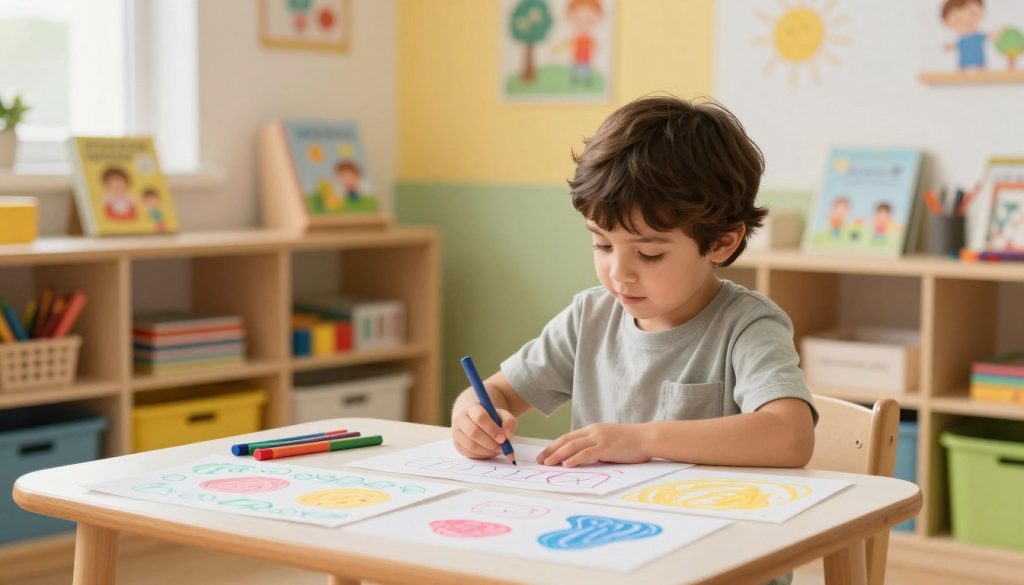 A bright, inviting classroom scene depicting a young child, around five years old, focused on drawing at a small art table. The child, dressed in modest casual clothing, holds a crayon with a look of concentration. In the foreground, colorful drawings are scattered across the table, showcasing a variety of shapes and patterns. In the middle ground, shelves filled with art supplies and children’s books add dimension, while a soft, warm light from a window casts gentle shadows. The background features vibrant wall decorations, enhancing the cheerful atmosphere. The mood is one of creativity and learning, emphasizing the importance of fine motor skills and pre-writing readiness through art. Overall, the image exudes a sense of joy and curiosity, reflecting the essence of beegenius.id. A bright, inviting classroom scene depicting a young child, around five years old, focused on drawing at a small art table. The child, dressed in modest casual clothing, holds a crayon with a look of concentration. In the foreground, colorful drawings are scattered across the table, showcasing a variety of shapes and patterns. In the middle ground, shelves filled with art supplies and children’s books add dimension, while a soft, warm light from a window casts gentle shadows. The background features vibrant wall decorations, enhancing the cheerful atmosphere. The mood is one of creativity and learning, emphasizing the importance of fine motor skills and pre-writing readiness through art. Overall, the image exudes a sense of joy and curiosity, reflecting the essence of beegenius.id.
