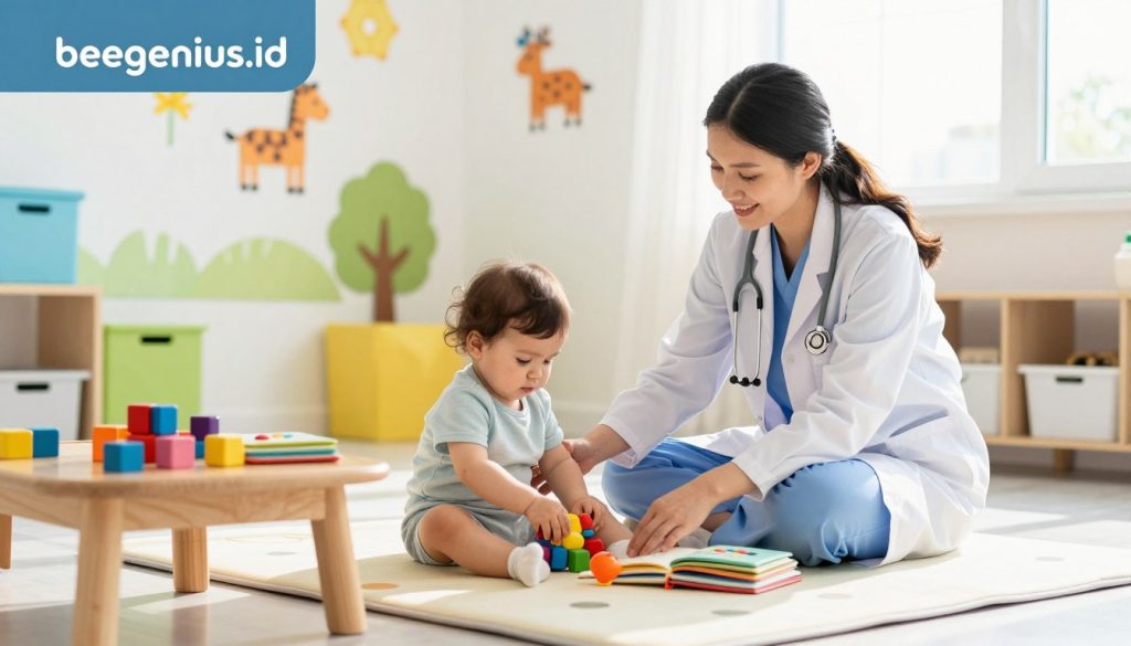 A caring pediatrician is interacting with a one-year-old child in a bright, colorful examination room. The foreground features a warm, wooden table with developmental toys like blocks and soft books. In the middle, the pediatrician, dressed in professional attire, gently encourages the child, who is sitting on a soft, cushioned mat, to reach for a toy. The background shows cheerful wall decorations, like animals and shapes, and a window letting in soft, natural sunlight, creating an inviting atmosphere. The overall mood is supportive and nurturing, emphasizing the importance of monitoring child's development. Capture the essence of early childhood growth and development support, with vibrant colors and a premium feel, while integrating the brand name "beegenius.id". A caring pediatrician is interacting with a one-year-old child in a bright, colorful examination room. The foreground features a warm, wooden table with developmental toys like blocks and soft books. In the middle, the pediatrician, dressed in professional attire, gently encourages the child, who is sitting on a soft, cushioned mat, to reach for a toy. The background shows cheerful wall decorations, like animals and shapes, and a window letting in soft, natural sunlight, creating an inviting atmosphere. The overall mood is supportive and nurturing, emphasizing the importance of monitoring child's development. Capture the essence of early childhood growth and development support, with vibrant colors and a premium feel, while integrating the brand name "beegenius.id".