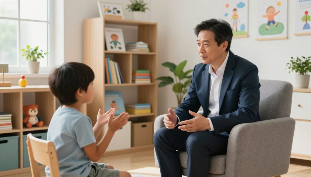 A child psychiatrist in a softly lit, inviting office space, surrounded by bookshelves filled with colorful children's books and calming toys. The psychiatrist, a middle-aged individual wearing professional attire, is seated comfortably in an armchair, engaging with a young child who is animatedly sharing their thoughts while seated across from them. The room is decorated with playful artwork and plants to convey a warm, supportive atmosphere. Natural light filters through a window, casting gentle shadows and highlighting their empathetic expressions. The setting captures an atmosphere of trust and understanding, emphasizing mental health care for children. Include subtle branding elements related to beegenius.id in the decor. A child psychiatrist in a softly lit, inviting office space, surrounded by bookshelves filled with colorful children's books and calming toys. The psychiatrist, a middle-aged individual wearing professional attire, is seated comfortably in an armchair, engaging with a young child who is animatedly sharing their thoughts while seated across from them. The room is decorated with playful artwork and plants to convey a warm, supportive atmosphere. Natural light filters through a window, casting gentle shadows and highlighting their empathetic expressions. The setting captures an atmosphere of trust and understanding, emphasizing mental health care for children. Include subtle branding elements related to beegenius.id in the decor.