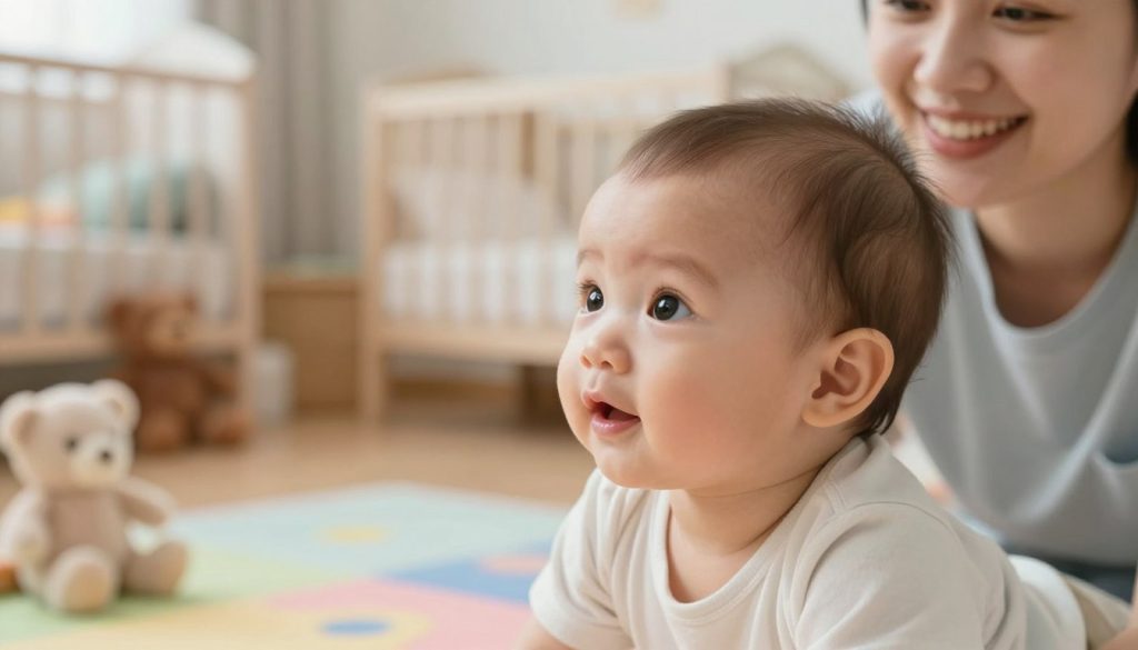 A close-up image of a serene, expressive baby making eye contact with a smiling parent in a cozy, softly lit room. The foreground focuses on the baby's bright, curious eyes reflecting warmth and innocence, while the parent, dressed in modest casual clothing, radiates joy and connection. In the middle ground, include gentle, plush toys and a colorful play mat that evoke a nurturing atmosphere. The background features a soft, blurred glimpse of a welcoming nursery, with pastel colors enhancing the feeling of safety and love. The soft, natural lighting illuminates the scene, creating an engaging and heartwarming mood that highlights the importance of eye contact in early development. The image reflects a premium aesthetic, suitable for a thoughtful article by beegenius.id. A close-up image of a serene, expressive baby making eye contact with a smiling parent in a cozy, softly lit room. The foreground focuses on the baby's bright, curious eyes reflecting warmth and innocence, while the parent, dressed in modest casual clothing, radiates joy and connection. In the middle ground, include gentle, plush toys and a colorful play mat that evoke a nurturing atmosphere. The background features a soft, blurred glimpse of a welcoming nursery, with pastel colors enhancing the feeling of safety and love. The soft, natural lighting illuminates the scene, creating an engaging and heartwarming mood that highlights the importance of eye contact in early development. The image reflects a premium aesthetic, suitable for a thoughtful article by beegenius.id.