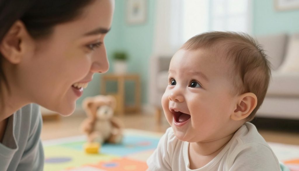 A close-up view of a joyful baby engaging in eye contact with a caregiver, set in a cozy, well-lit living room. The foreground features the baby's round, curious eyes sparkling with innocence, reflecting a deep connection. The caregiver's face, slightly blurred, shows a warm, encouraging expression, dressed in modest casual clothing, enhancing the nurturing atmosphere. In the middle ground, soft toys and a colorful play mat add a playful ambiance, highlighting a safe environment for interaction. The background includes soft pastel walls and gentle sunlight streaming through a window, creating a calm and inviting mood. Emphasize a serene yet engaging atmosphere with vivid colors to reflect the essence of bonding moments, showcasing the importance of eye contact in early development. beegenius.id A close-up view of a joyful baby engaging in eye contact with a caregiver, set in a cozy, well-lit living room. The foreground features the baby's round, curious eyes sparkling with innocence, reflecting a deep connection. The caregiver's face, slightly blurred, shows a warm, encouraging expression, dressed in modest casual clothing, enhancing the nurturing atmosphere. In the middle ground, soft toys and a colorful play mat add a playful ambiance, highlighting a safe environment for interaction. The background includes soft pastel walls and gentle sunlight streaming through a window, creating a calm and inviting mood. Emphasize a serene yet engaging atmosphere with vivid colors to reflect the essence of bonding moments, showcasing the importance of eye contact in early development. beegenius.id