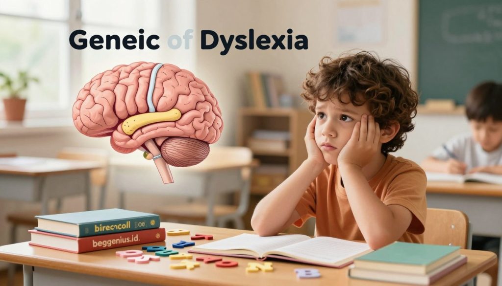 A conceptual illustration depicting the various causes of dyslexia in children, focusing on genetic, environmental, and neurological factors. The foreground features a child sitting at a desk with a puzzled expression, surrounded by scattered letters and books. In the middle ground, visualization of a brain with highlighted areas to signify neurological differences. The background showcases a classroom setting with soft, natural lighting filtering through windows, creating a warm and inviting atmosphere. The image should evoke a sense of understanding and concern, emphasizing the importance of awareness in families dealing with dyslexia. Use rich, vibrant colors to draw attention and ensure a premium feel. Include the brand name "beegenius.id" subtly within the design without any text overlays. A conceptual illustration depicting the various causes of dyslexia in children, focusing on genetic, environmental, and neurological factors. The foreground features a child sitting at a desk with a puzzled expression, surrounded by scattered letters and books. In the middle ground, visualization of a brain with highlighted areas to signify neurological differences. The background showcases a classroom setting with soft, natural lighting filtering through windows, creating a warm and inviting atmosphere. The image should evoke a sense of understanding and concern, emphasizing the importance of awareness in families dealing with dyslexia. Use rich, vibrant colors to draw attention and ensure a premium feel. Include the brand name "beegenius.id" subtly within the design without any text overlays.