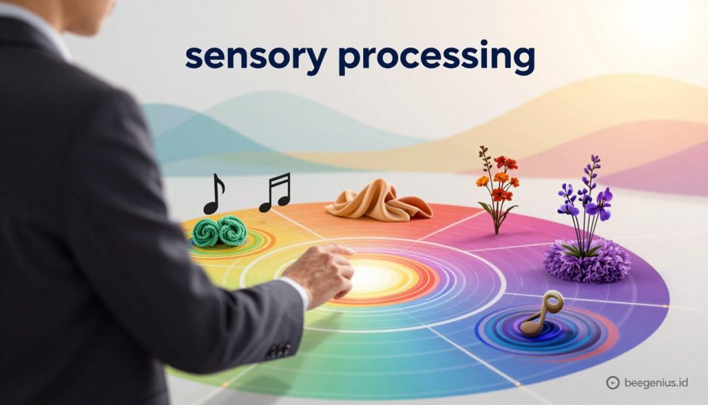 A conceptual illustration representing "sensory processing" as a vibrant, interconnected web of experiences. In the foreground, a person in professional business attire gently interacts with colorful visual stimuli, such as swirling patterns and dynamic colors, symbolizing visual processing. In the middle ground, various sensory elements like musical notes, textured fabrics, and aromatic flowers emerge, showcasing the complexity of sensory input. The background features an abstract landscape of soft, flowing shapes and gradient colors that evoke a sense of calm and complexity. The lighting is bright and uplifting, casting a warm glow over the scene to promote a feeling of awareness and insight. The overall mood is thoughtful and introspective, emphasizing the intricate nature of sensory experiences. The image reflects the essence and challenges of sensory processing, created in a premium style consistent with the brand beegenius.id. A conceptual illustration representing "sensory processing" as a vibrant, interconnected web of experiences. In the foreground, a person in professional business attire gently interacts with colorful visual stimuli, such as swirling patterns and dynamic colors, symbolizing visual processing. In the middle ground, various sensory elements like musical notes, textured fabrics, and aromatic flowers emerge, showcasing the complexity of sensory input. The background features an abstract landscape of soft, flowing shapes and gradient colors that evoke a sense of calm and complexity. The lighting is bright and uplifting, casting a warm glow over the scene to promote a feeling of awareness and insight. The overall mood is thoughtful and introspective, emphasizing the intricate nature of sensory experiences. The image reflects the essence and challenges of sensory processing, created in a premium style consistent with the brand beegenius.id.