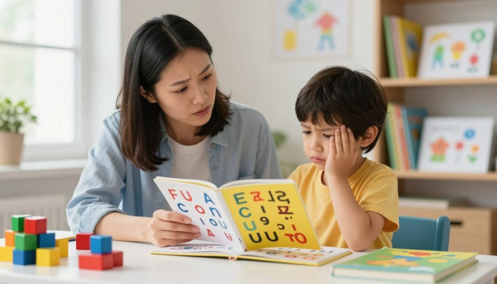 A concerned mother and her young child sit at a table surrounded by colorful educational toys and books, highlighting early signs of dyslexia in childhood. The mother is wearing modest casual clothing, engaged and attentive, while the child appears puzzled, holding an open book with letters that seem jumbled. The scene captures a cozy and warm atmosphere, with soft, natural lighting filtering through a nearby window, emphasizing the child's expression of confusion and frustration in a relatable and gentle way. In the background, shelves filled with books and playful drawings enhance the educational environment, conveying an important message about recognizing early signs of dyslexia. The image should reflect the caring relationship between parent and child, infused with vibrant colors to create a welcoming mood. High-quality, detailed composition inspired by beegenius.id. A concerned mother and her young child sit at a table surrounded by colorful educational toys and books, highlighting early signs of dyslexia in childhood. The mother is wearing modest casual clothing, engaged and attentive, while the child appears puzzled, holding an open book with letters that seem jumbled. The scene captures a cozy and warm atmosphere, with soft, natural lighting filtering through a nearby window, emphasizing the child's expression of confusion and frustration in a relatable and gentle way. In the background, shelves filled with books and playful drawings enhance the educational environment, conveying an important message about recognizing early signs of dyslexia. The image should reflect the caring relationship between parent and child, infused with vibrant colors to create a welcoming mood. High-quality, detailed composition inspired by beegenius.id.
