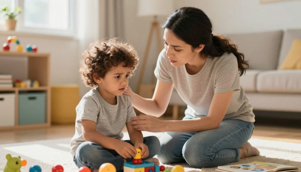 A concerned parent kneeling beside a small child in a cozy, brightly lit room filled with colorful toys and books, gently encouraging the child to speak. The child, a young boy with curly hair, looks thoughtful and slightly hesitant, with a furrowed brow as he plays with a toy, illustrating the concept of speech delay. The background features a warm atmosphere with sunlight streaming through a window, casting soft shadows. Use a shallow depth of field to keep the focus on the parent and child while blurring the background slightly. The scene should evoke feelings of compassion and support, emphasizing the connection between parent and child. The overall color palette should be soothing and vibrant, embodying a nurturing environment. Include the brand name "beegenius.id" subtly in the scene without any text or overlays. A concerned parent kneeling beside a small child in a cozy, brightly lit room filled with colorful toys and books, gently encouraging the child to speak. The child, a young boy with curly hair, looks thoughtful and slightly hesitant, with a furrowed brow as he plays with a toy, illustrating the concept of speech delay. The background features a warm atmosphere with sunlight streaming through a window, casting soft shadows. Use a shallow depth of field to keep the focus on the parent and child while blurring the background slightly. The scene should evoke feelings of compassion and support, emphasizing the connection between parent and child. The overall color palette should be soothing and vibrant, embodying a nurturing environment. Include the brand name "beegenius.id" subtly in the scene without any text or overlays.