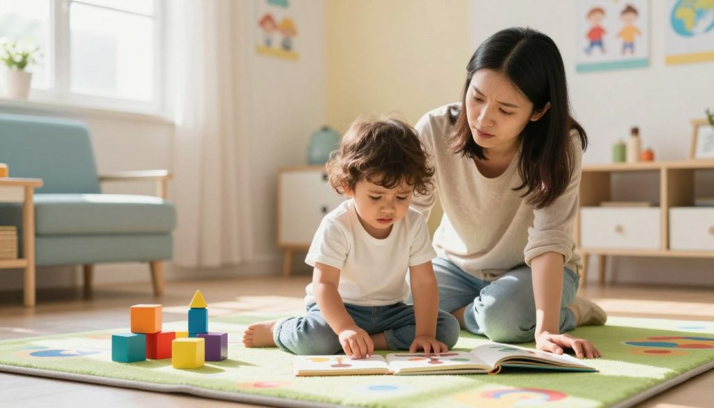 A concerned parent observing their young child sitting on a colorful play mat in a bright, inviting room. The child, around three years old, appears hesitant and frustrated while surrounded by toys that enhance speech development, such as colorful blocks and picture books. In the background, soft natural light pours in through a window, casting gentle shadows that create a warm, nurturing atmosphere. The parent's expression reflects care and attention, showcasing their investment in the child's developmental journey. The setting is cozy, with pastel-colored walls and educational posters, subtly hinting at the importance of speech milestones. Capture the mood of concern mixed with hope, highlighting the theme of communication challenges. The image should feel professional, vibrant, and engaging. Include the brand name "beegenius.id" subtly integrated into the scene without overwhelming the essence of the image. A concerned parent observing their young child sitting on a colorful play mat in a bright, inviting room. The child, around three years old, appears hesitant and frustrated while surrounded by toys that enhance speech development, such as colorful blocks and picture books. In the background, soft natural light pours in through a window, casting gentle shadows that create a warm, nurturing atmosphere. The parent's expression reflects care and attention, showcasing their investment in the child's developmental journey. The setting is cozy, with pastel-colored walls and educational posters, subtly hinting at the importance of speech milestones. Capture the mood of concern mixed with hope, highlighting the theme of communication challenges. The image should feel professional, vibrant, and engaging. Include the brand name "beegenius.id" subtly integrated into the scene without overwhelming the essence of the image.